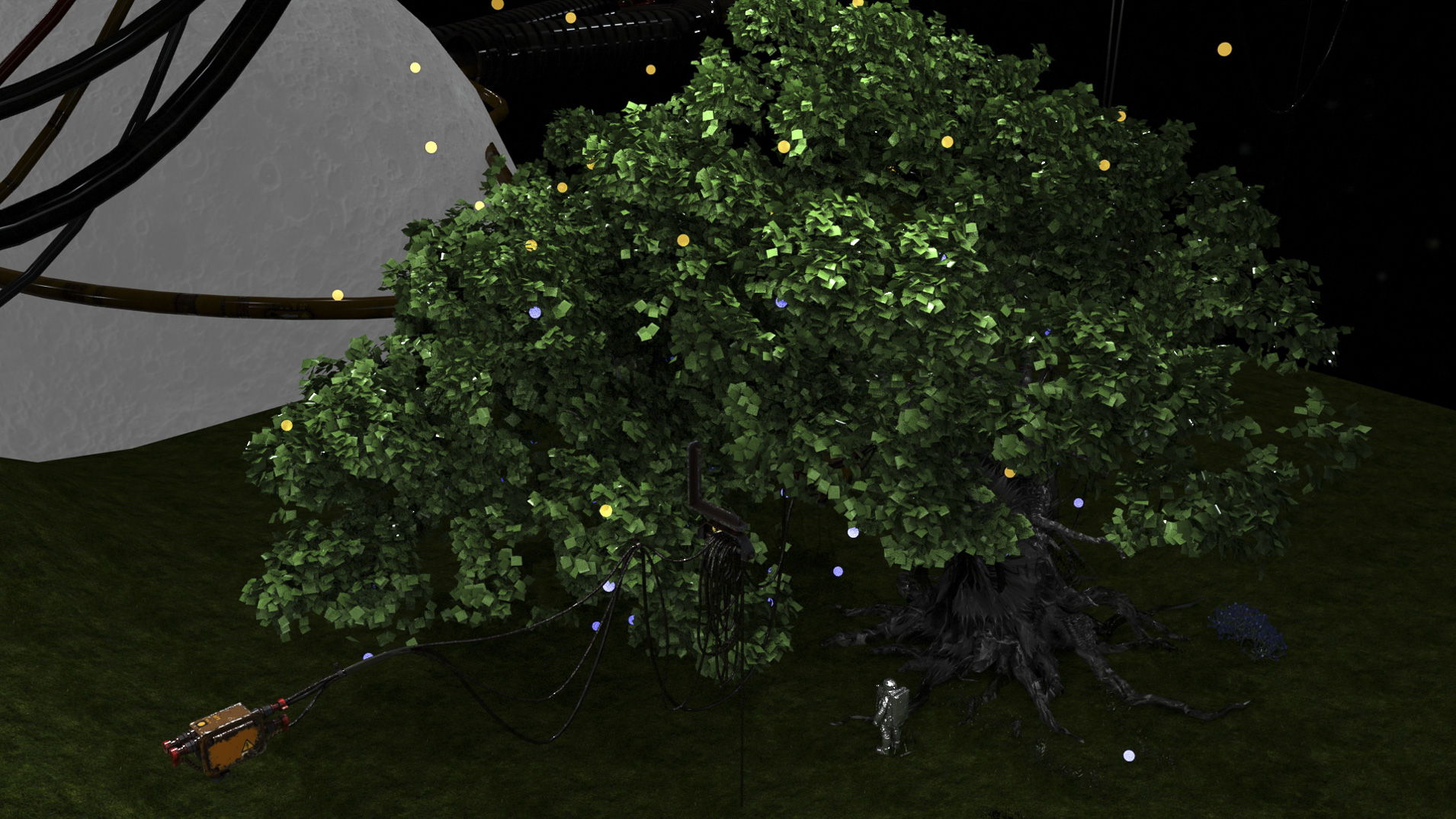 Still from a digital animation showing a tree
